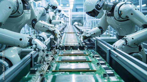 High-tech robots in a modern electronics factory assemble circuit boards with precision on an automated assembly line.