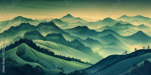 Mountainous Landscape with a Foggy Mist Generative AI