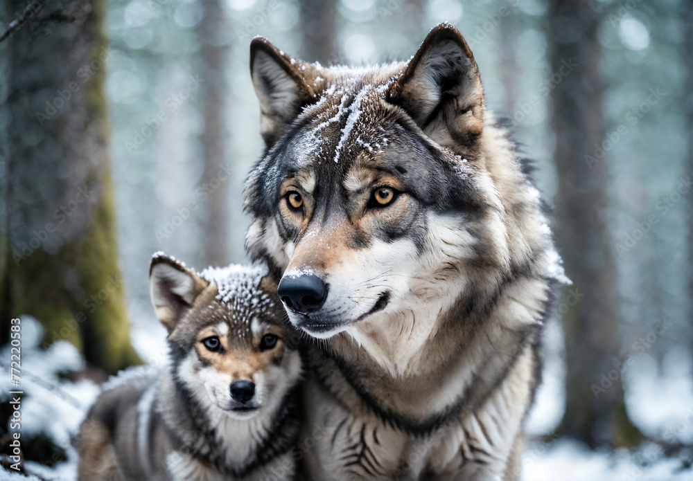 A female wolf with her young cub in snow covered forest.