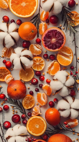 Colorful Scattered Cotton, Cranberries, and Citrus