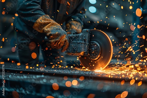 A producing worker is sharpening a metal plate while sparks fly while putting on safety gloves in in-depth and space, Generative AI. photo
