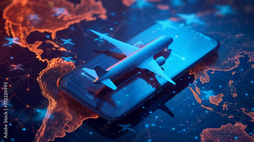 Airplane taking off from digital smartphone - A conceptual image illustrating modern travel and technology with a plane lifting off from a phone on a digital map - obrazy, fototapety, plakaty 