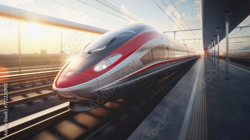 Modern high-speed train on a sunset backdrop - A sleek, modern high-speed train races along the tracks, beautifully illuminated by the warm glow of a setting sun, conveying a sense of progress and inn photo