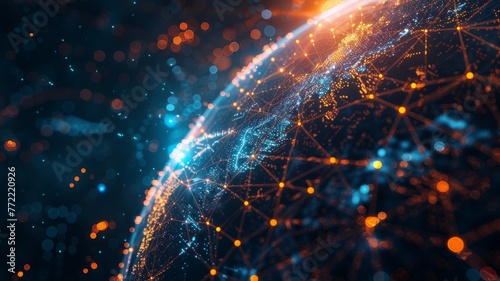 Glowing network nodes and data around globe - This high-tech image captures network connections and data across a global map, illustrating connectivity