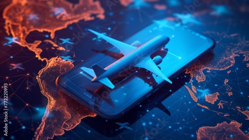 Airplane taking off from digital smartphone - A conceptual image illustrating modern travel and technology with a plane lifting off from a phone on a digital map photo