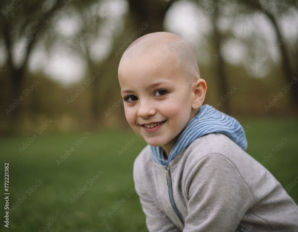 Happy preteen girl with bald head head is smiling. Happy preteen girl with bald head head is smiling.