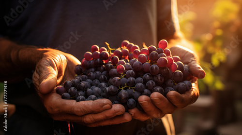 Close up of vine gardener's hand holding freshly harvested grapes on golden hour sunlight