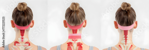 Detailed Step-by-Step Illustration of Correct Kinesiology (KT) Tape Application on Human Neck