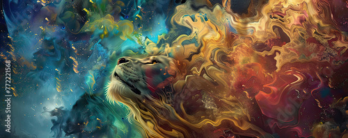 Whirlwind of colors forming a mythical lion, wide bottom space for powerful quotes