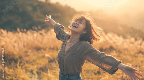 A joyful woman with outstretched arms in a sunlit field. photo