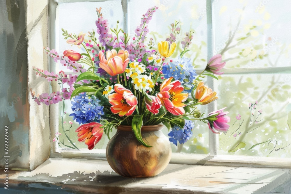 Vibrant bouquet in rustic vase, sunny day Vibrant bouquet in rustic vase, sunny day