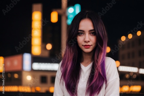 Beautiful woman standing against the city night with neon light and bokeh.