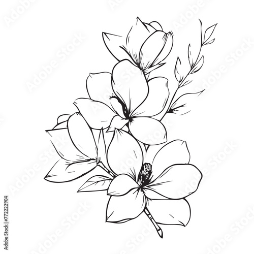 Magnolias in cartoon  doodle style . Image for t-shirt  web  mobile apps and ui. Isolated 2d vector illustration in logo  icon  sketch style  Eps 10  black and white. AI Generative
