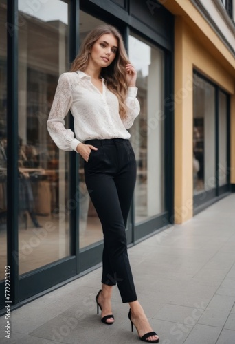 A woman in a white shirt and black pants is standing in front of a window. She is wearing black heels and has her hair pulled back. Concept of elegance and sophistication