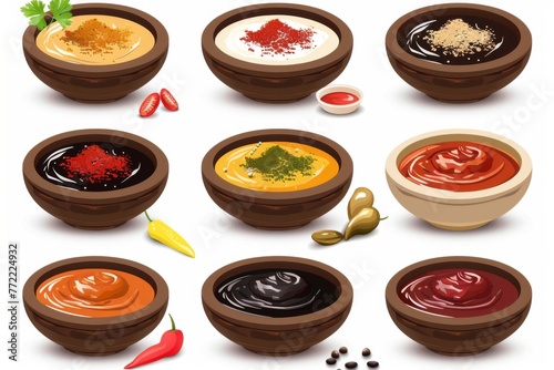 Vibrant display of assorted mole sauces representing a range of flavors and colors in an illustration.