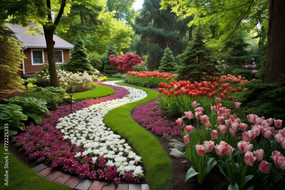Manicured Flower beds paths backyard. Summer nature. Generate Ai