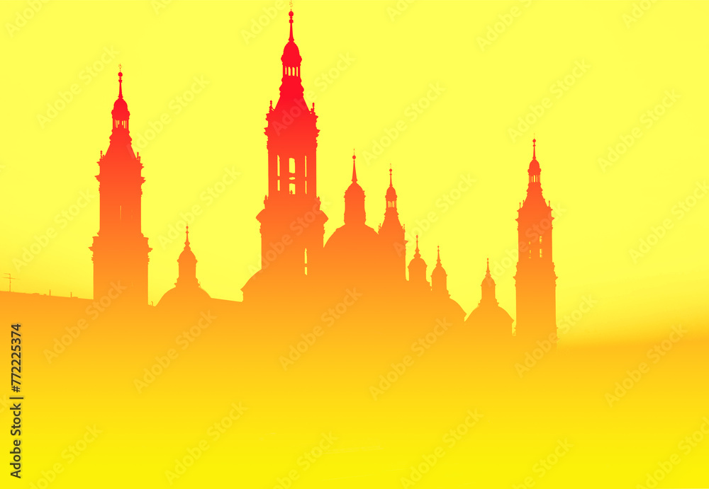 Sunset silhouette of basilica del pilar, zaragoza