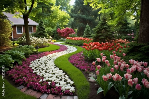 Manicured Flower beds paths backyard. Summer nature. Generate Ai