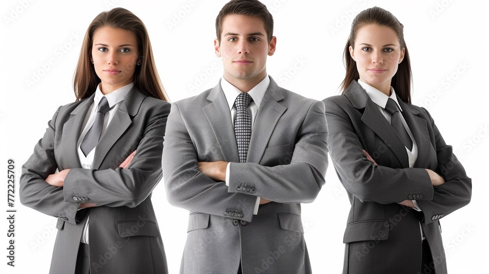 Three people in business suits standing together with their arms crossed, AI Three people in business suits standing together with their arms crossed, AI