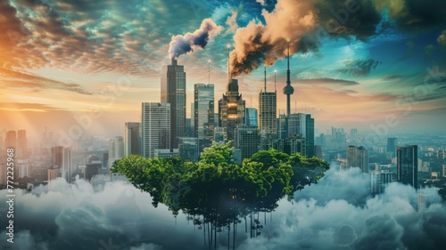 Floating forest city skyline with pollution - Surreal view of a floating forest island against a polluted cityscape illustrating environmental concerns and nature protection