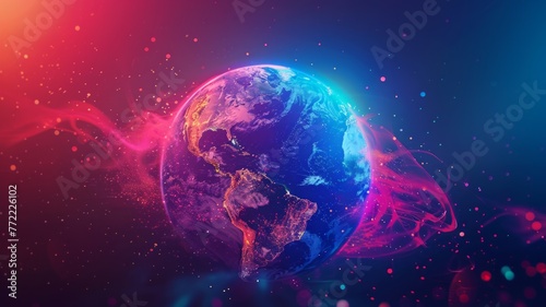 Vibrant Earth with neon cosmic swirls - The Earth is illuminated with neon pink and blue swirls against a starry space backdrop, symbolizing technology and connectivity photo