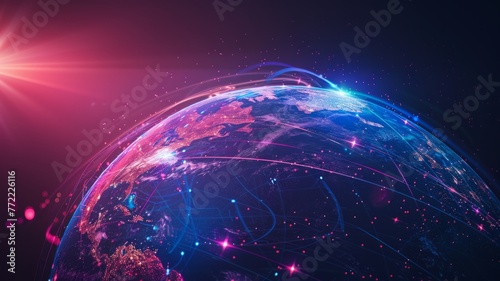 Illuminated Earth with digital network lines - This Earth image portrays a network of digital connections over continents, reflecting a modern, interconnected planet
