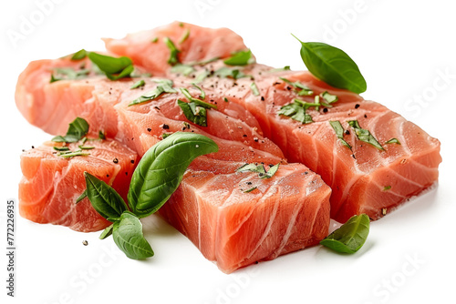 Fresh Salmon Steaks with Basil Garnish Isolated on White Background