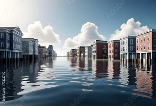 a flooded street with buildings in the water photo