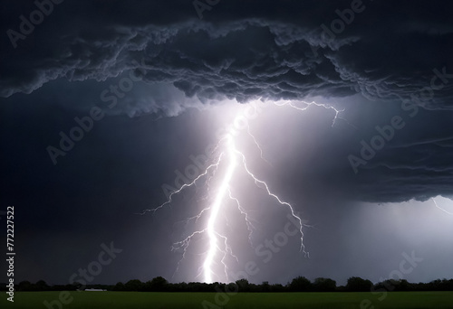 lightning strikes over a field with dark clouds