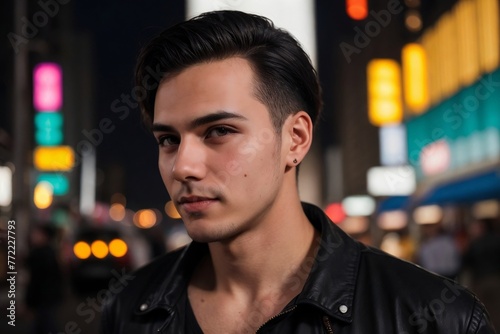 Handsome cool man standing against the city night with neon light and bokeh.