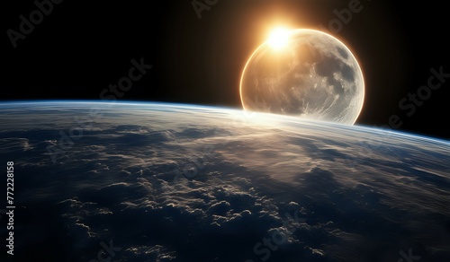 Total eclipse of the Sun. The moon covers the sun in a solar eclipse. Space view of Sun  Moon and the Earth