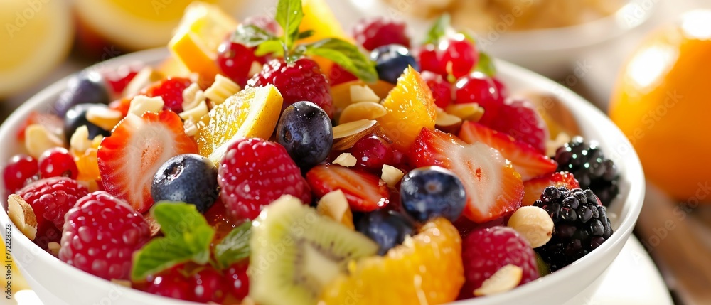 A colorful and appetizing bowl of mixed fruit salad containing a variety of berries citrus A colorful and appetizing bowl of mixed fruit salad containing a variety of berries citrus