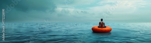 A Solitary man adrift in a vast ocean sitting on an orange lifebuoy photo