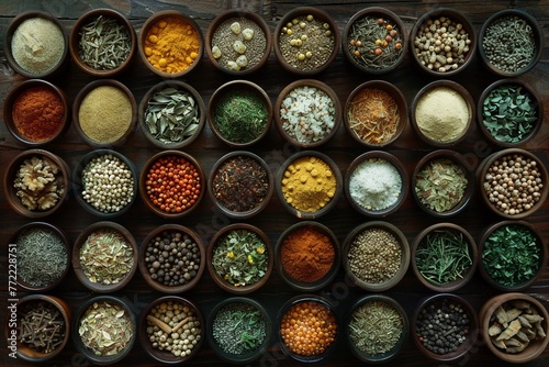 An extensive collection of spices and herbs displayed in bowls on a dark wooden surface