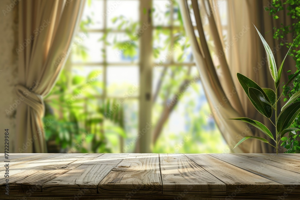 Empty of wood table top on blur of curtain with window view green from tree garden background.For montage product display or design key visual layout - generative ai Empty of wood table top on blur of curtain with window view green from tree garden background.For montage product display or design key visual layout - generative ai