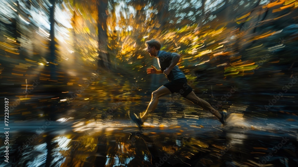 Fototapeta premium A man running through a forest with trees and water, AI