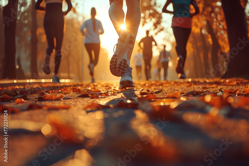 In the morning, the athletes conducted jogging training in the park. Go for a long run, jog with friends, jog in the fresh air. Sportswear, aerobics, healthy living, marathon