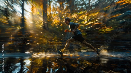 A man running through a forest with trees and water, AI
