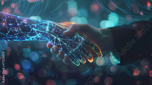 human hand shaking with hologram hand, ai, technology, artificial intelligence