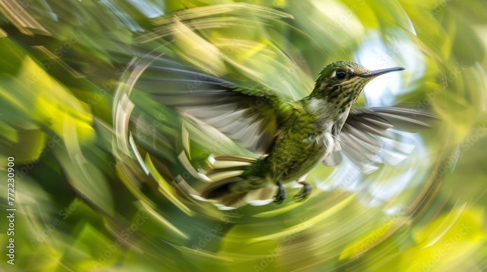 Fototapeta premium A hummingbird flying in a circular motion with blurred background, AI