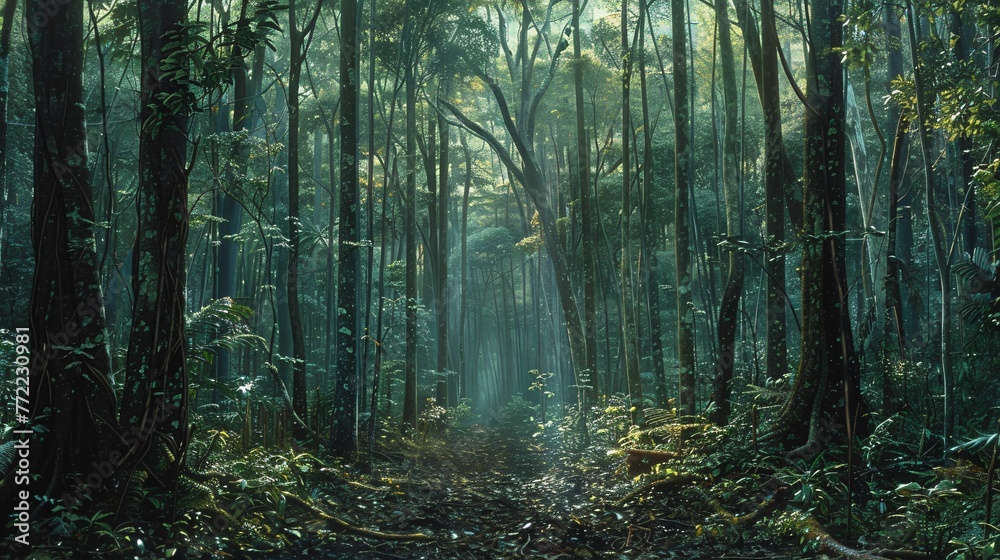 Obraz premium A Path Through the Forest A Tranquil Escape from the Hustle and Bustle of Everyday Life Generative AI