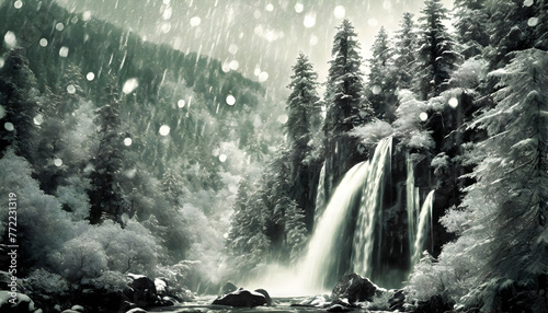 Christmas background with trees and snowflakes, waterfall on digital art concept.