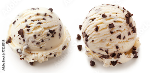 Scoop of white ice cream with chocolate chips isolated on a transparent background.