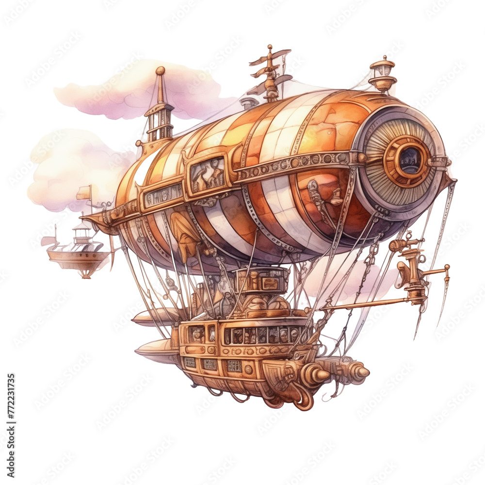 Naklejka premium Watercolor steampunk airship soaring through the sky isolated on the transparent background