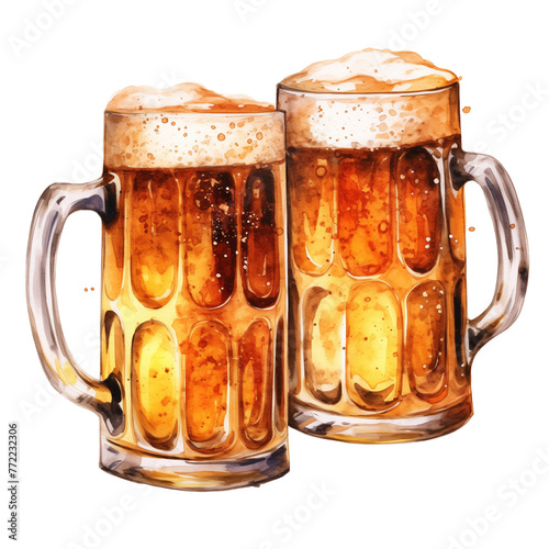 Two watercolor beer mug with mead pouring on the transparent background photo