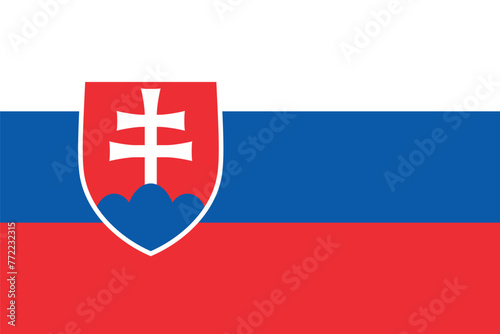 Flag of Slovakia. Slovak tricolor flag with coat of arms (shield with a cross on the mountain). State symbol of the Slovak Republic. photo