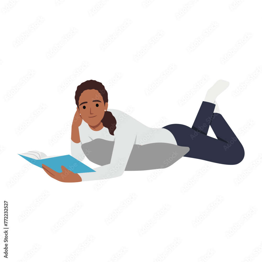 Young woman lying on a floor and reading a book. Flat vector illustration isolated on white background