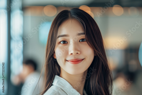 Young smiling beautiful asian company employee in the office. Closeup portrait of happy woman.
