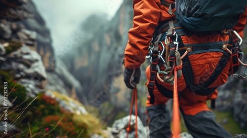 A close-up shot of a mountain rescuer securing a harness around an injured hiker the steep and rocky terrain blurred in the background photo