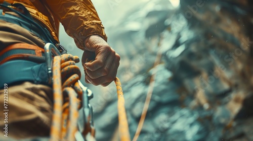 A close-up shot of a guide hand steadying a novice climber harness before an ascent with the rocky terrain blurred in the background